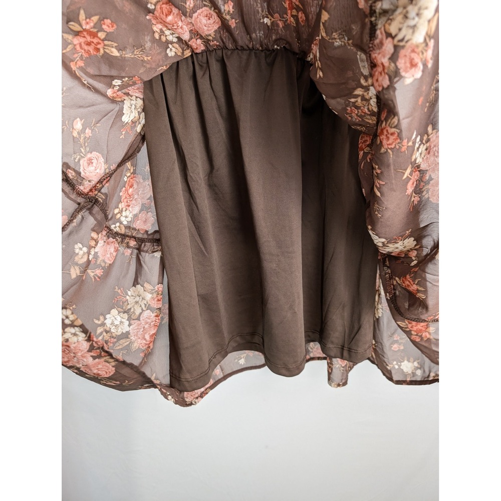Floral Tiered Smocked Mini Dress Size M Brown Pink Cottagecore Romantic Fairy - Picture 6 of 10
